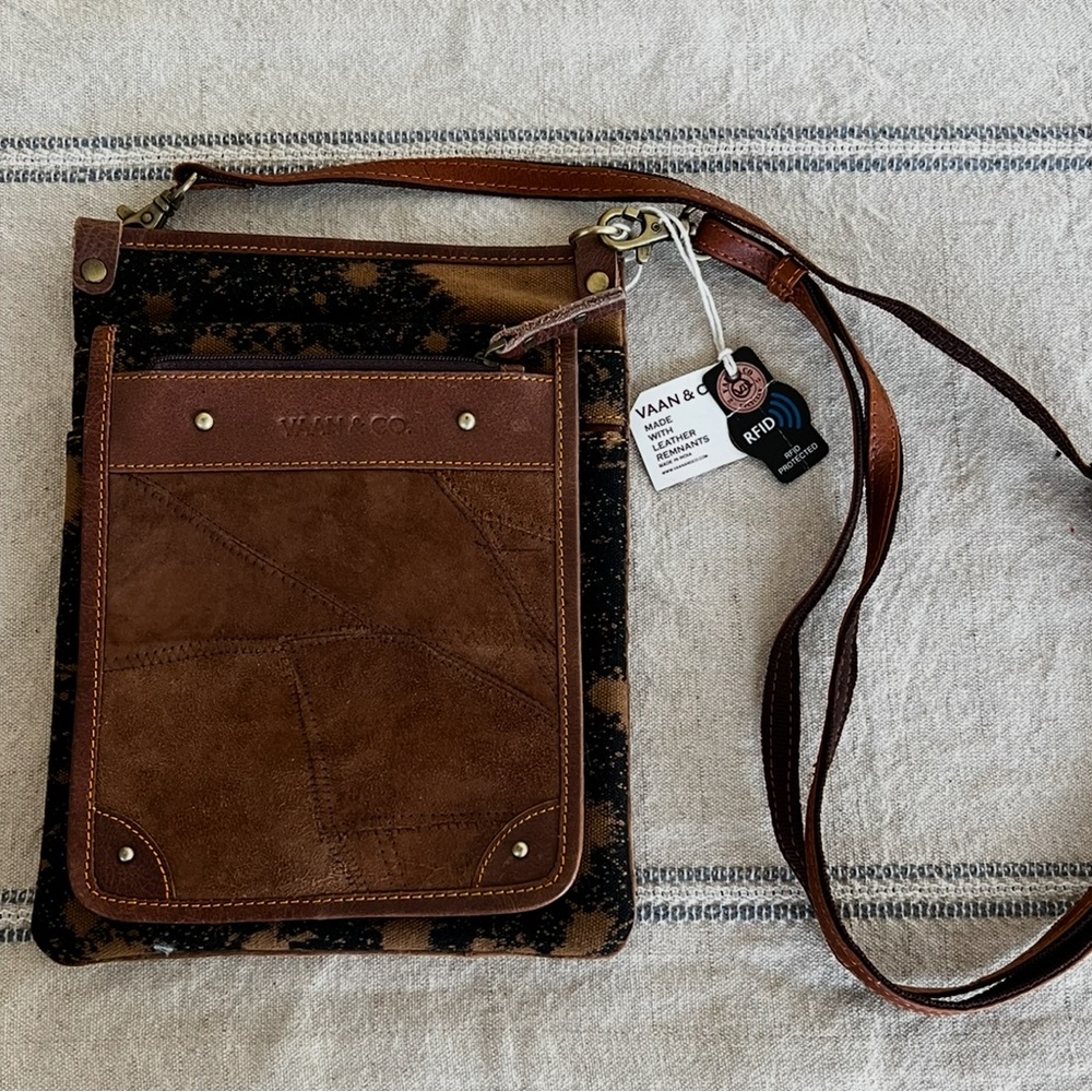 Brown Leather and canvas Crossbody Bag